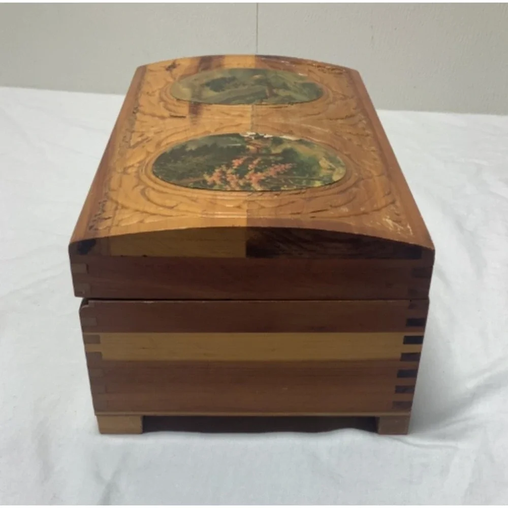 Vintage Carved Cedar Chest Wood Jewelry Box 11 x 6 